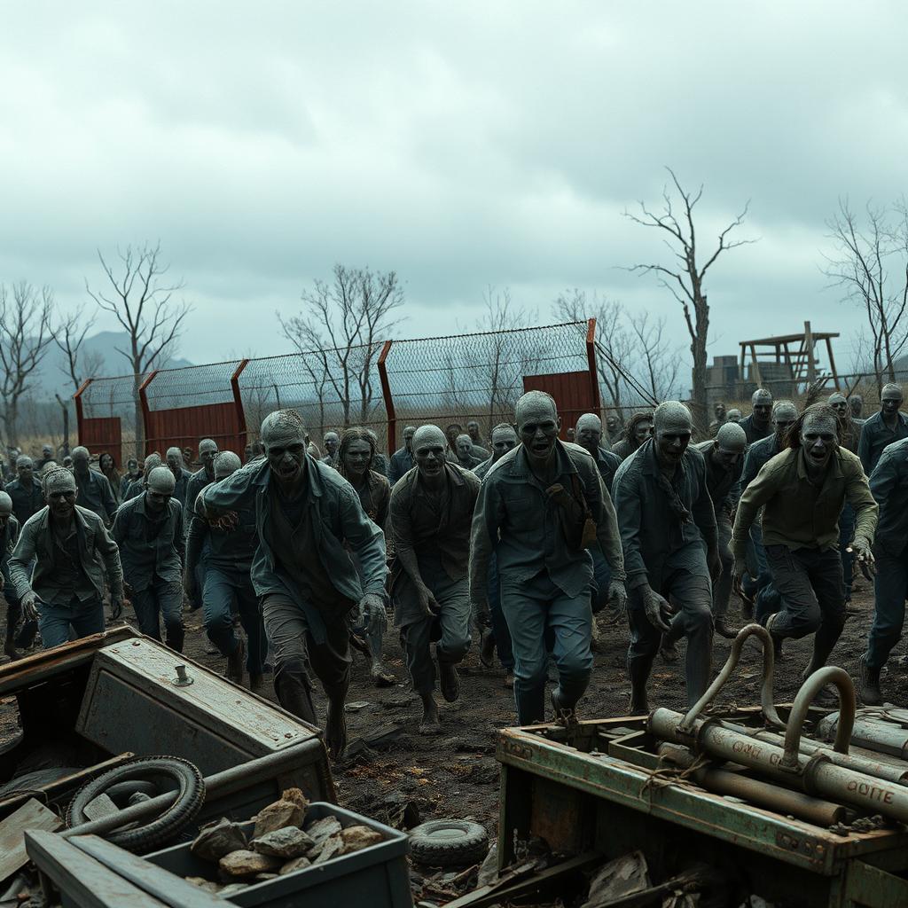 A haunting scene at the borders of a country, where a horde of zombies is staggeringly walking through a desolate landscape