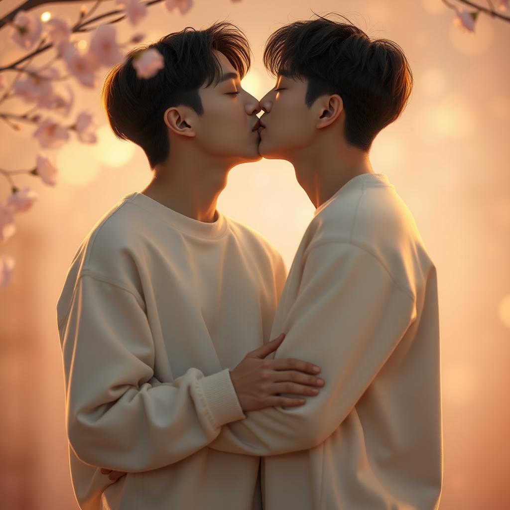 A romantic scene depicting two young men sharing a tender kiss, inspired by the members Yeonjun and Beomgyu from the K-pop group TXT
