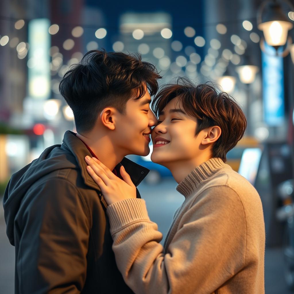 A tender moment capturing two young Korean men sharing a sweet kiss in a romantic urban setting
