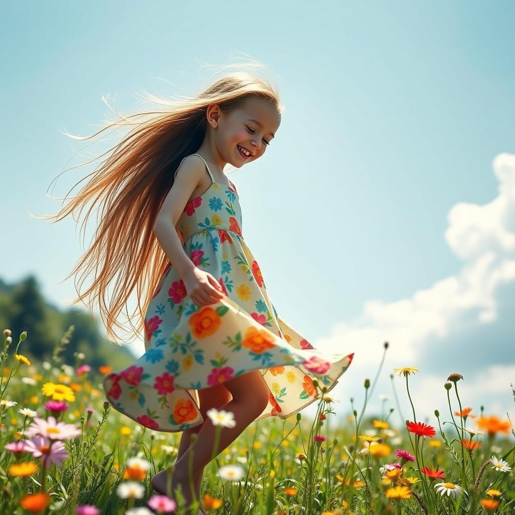 A very skinny girl, with long flowing hair, wearing a colorful summer dress, standing in a sunlit meadow filled with wildflowers