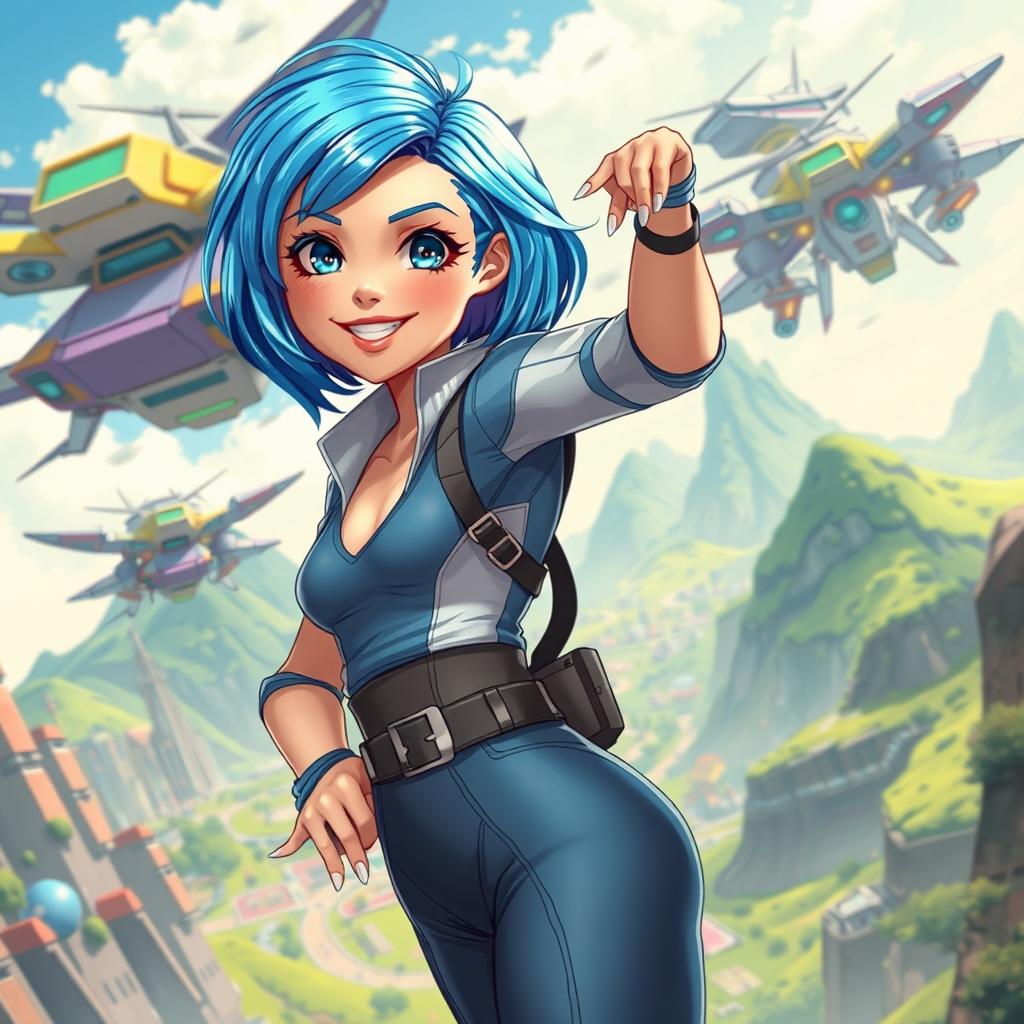 A stunning and energetic female character with vivid blue hair styled in a playful bob, wearing a fashionable, form-fitting outfit that complements her adventurous spirit