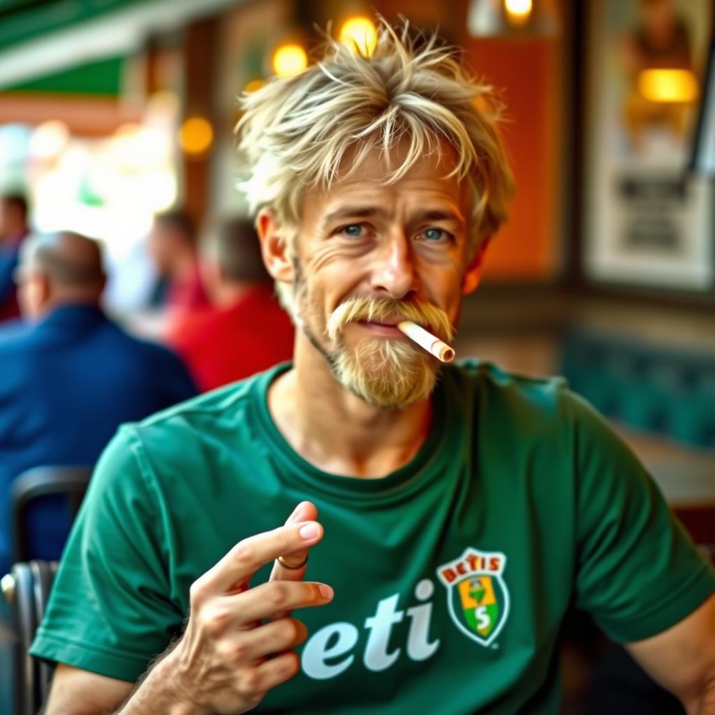 A man resembling Shaggy from Scooby-Doo, with a blonde goatee, wearing a green T-shirt with the Betis logo, sitting casually and smoking a rolled cigarette