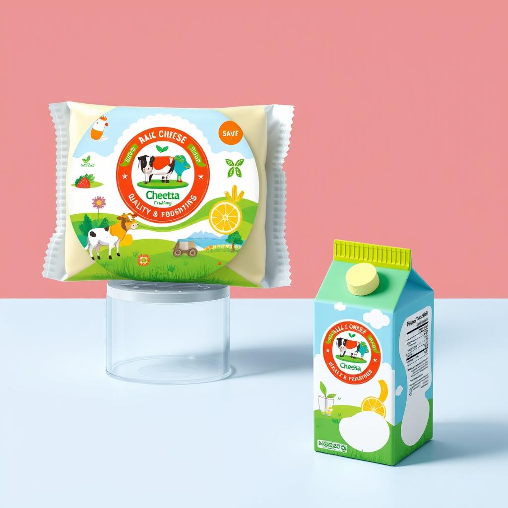 A cheese packaging design featuring a logo prominently displayed on the front, with vibrant colors and appealing graphics