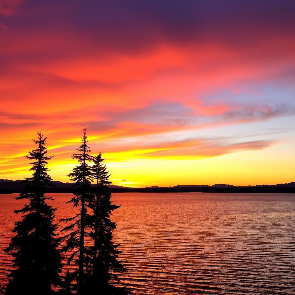A serene sunset landscape over a calm lake, where the sky is painted in vibrant shades of orange, pink, and purple as the sun dips below the horizon, casting a warm glow over the water's surface, with a silhouette of tall pine trees in the foreground and gentle ripples in the lake reflecting the sky's colors