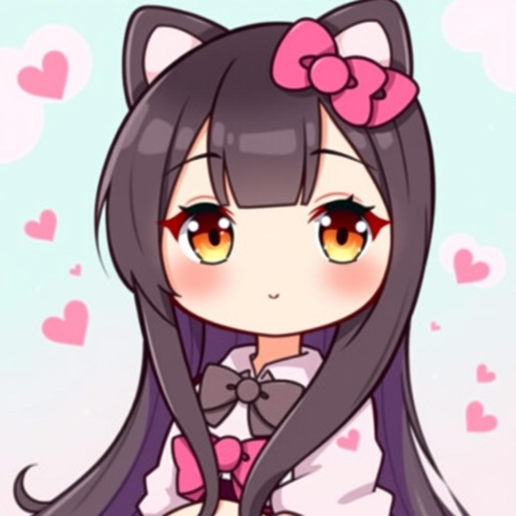 A cute character inspired by Hello Kitty featuring long, straight black hair and light brown eyes