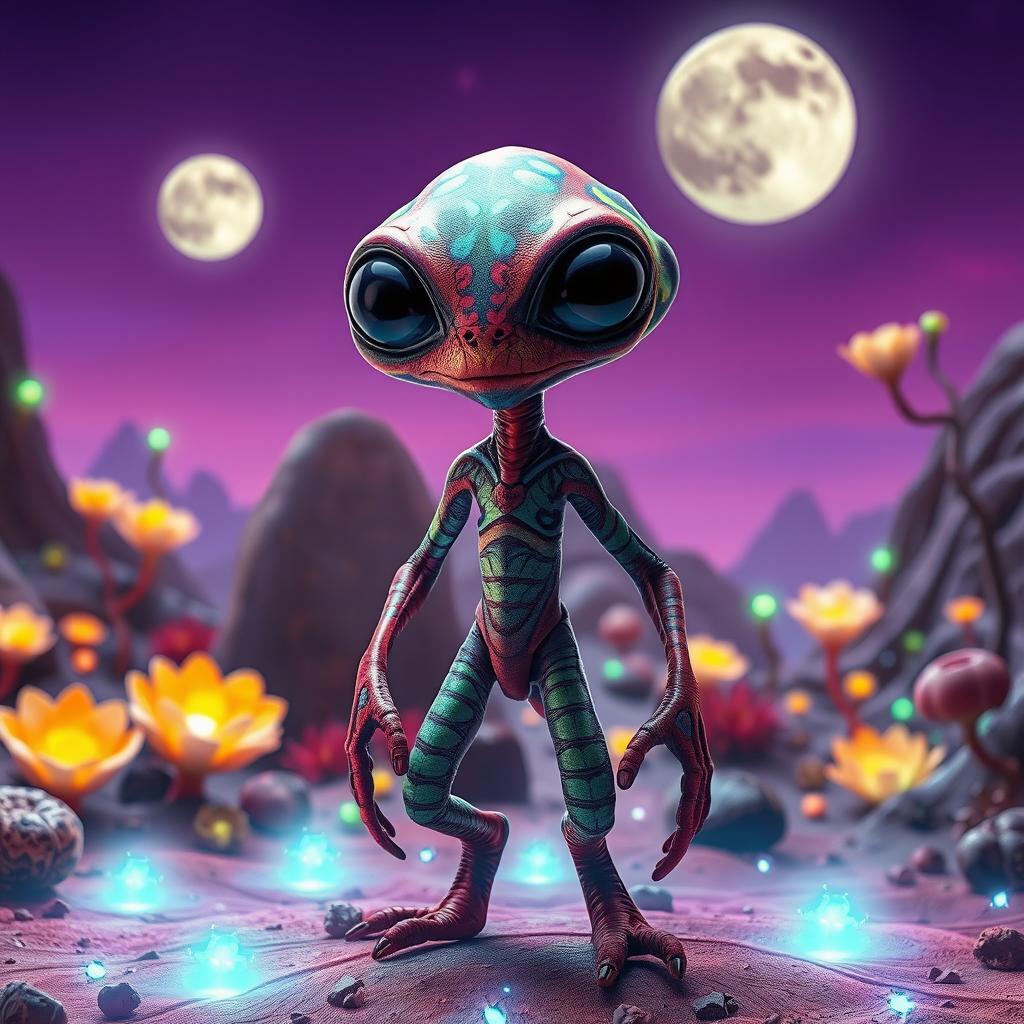 A vibrant extraterrestrial landscape featuring a stunning alien creature with colorful patterns on its skin and large expressive eyes