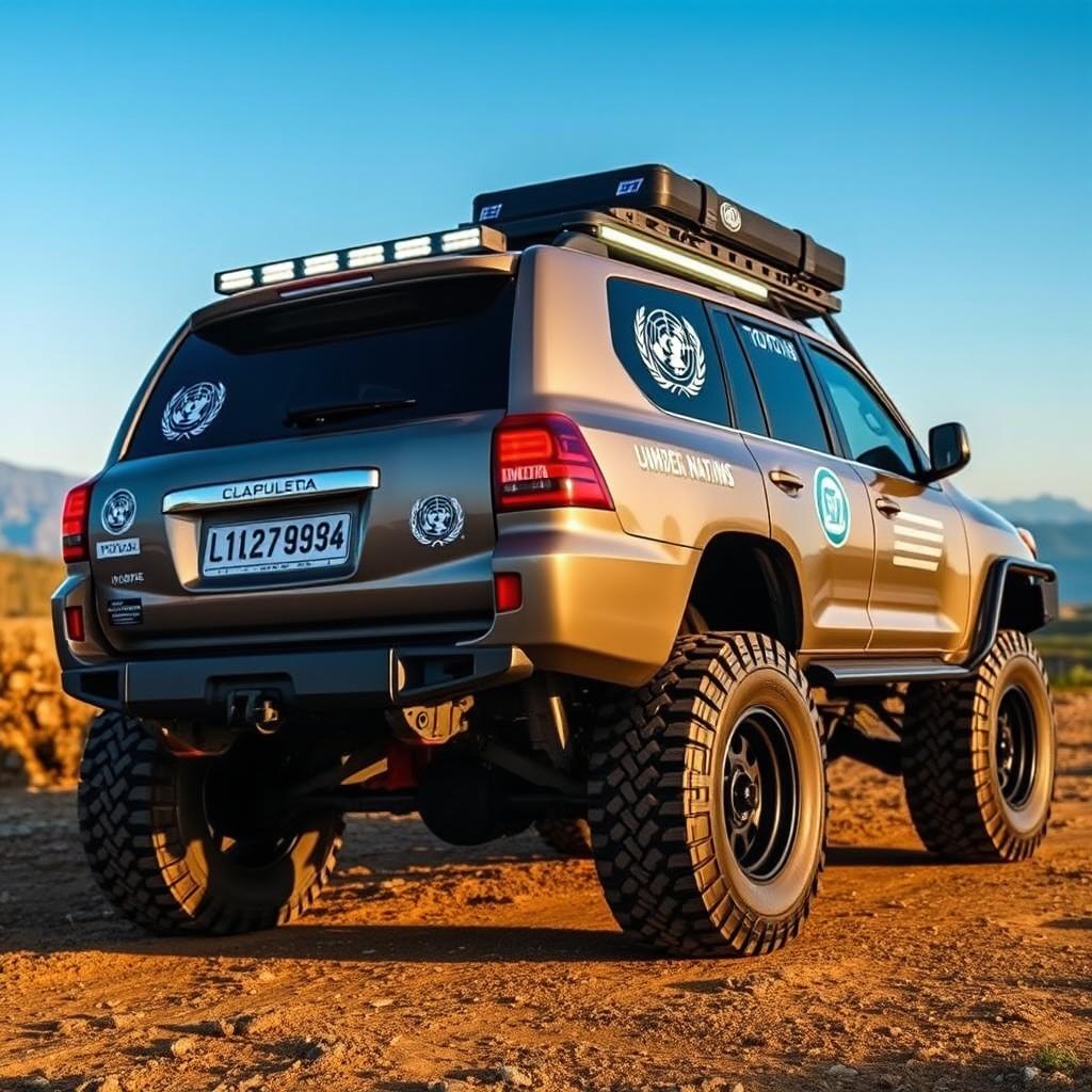 A modified Toyota Land Cruiser bubble design with 33-inch explorer tires, equipped with bright LED lights