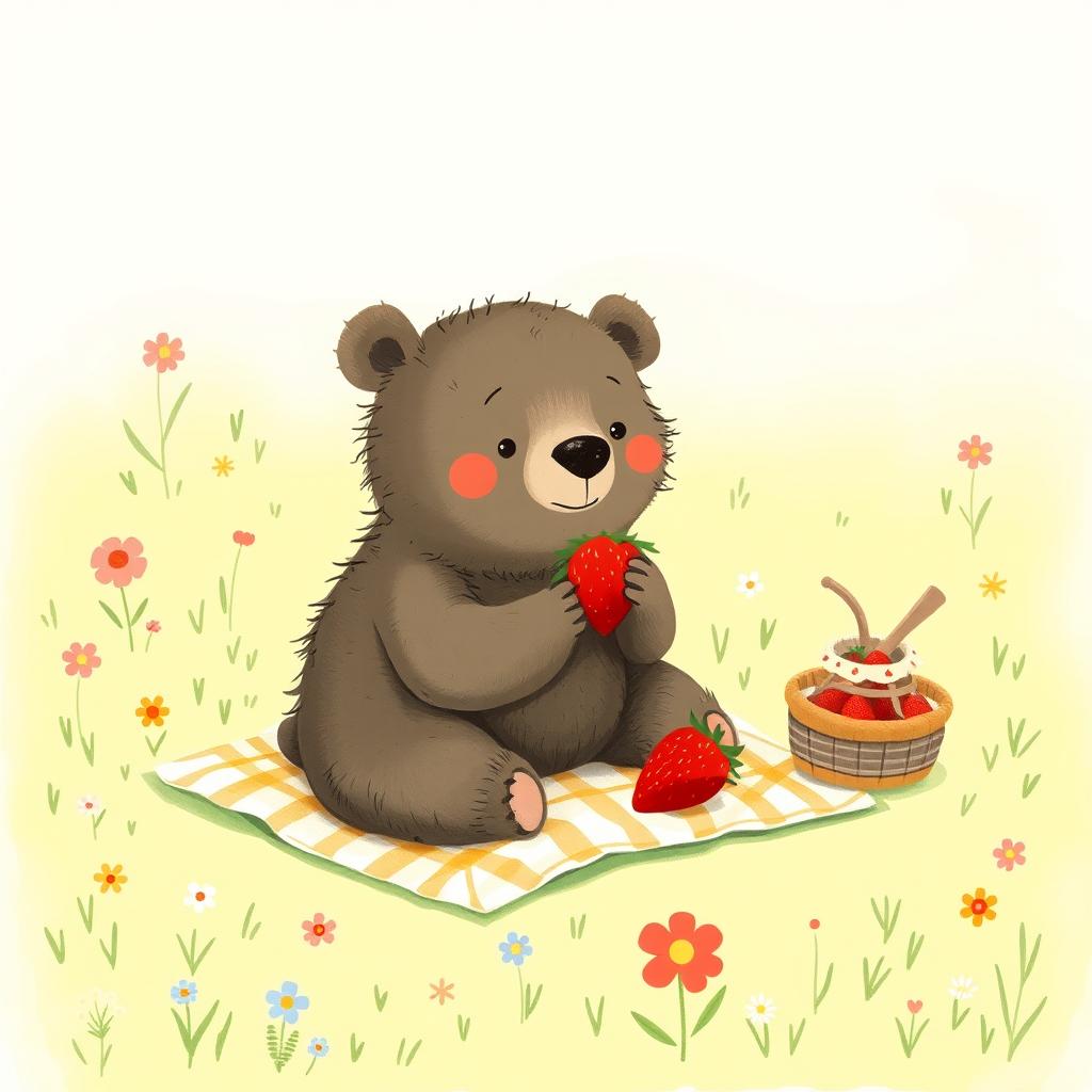 A small bear having a picnic on the grass, enjoying a juicy strawberry, illustrated in the style of Jon Klassen
