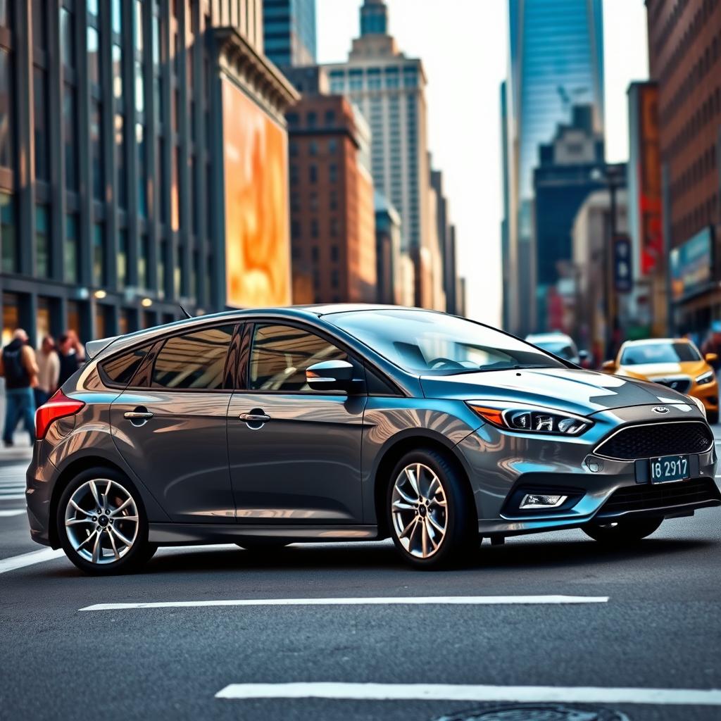 A Ford Focus in a sleek gray color, parked on a city street