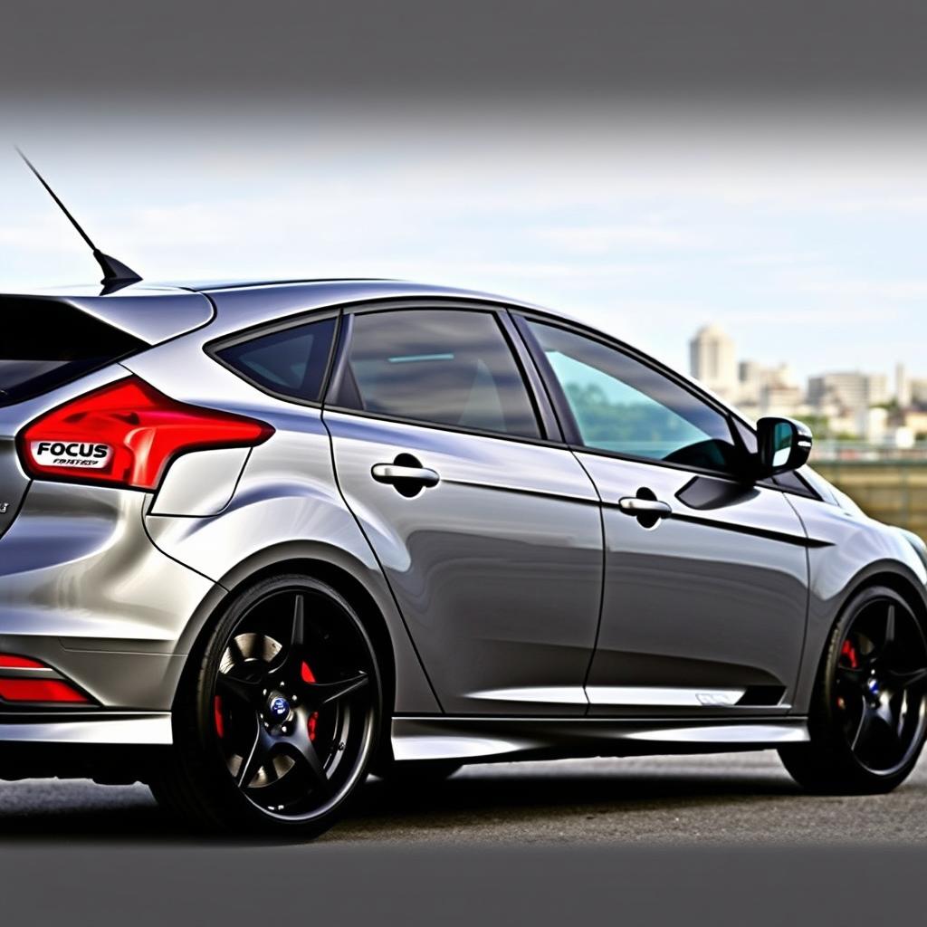 A 2013 Ford Focus in a sleek gray color, featuring striking black rims and vibrant red calipers