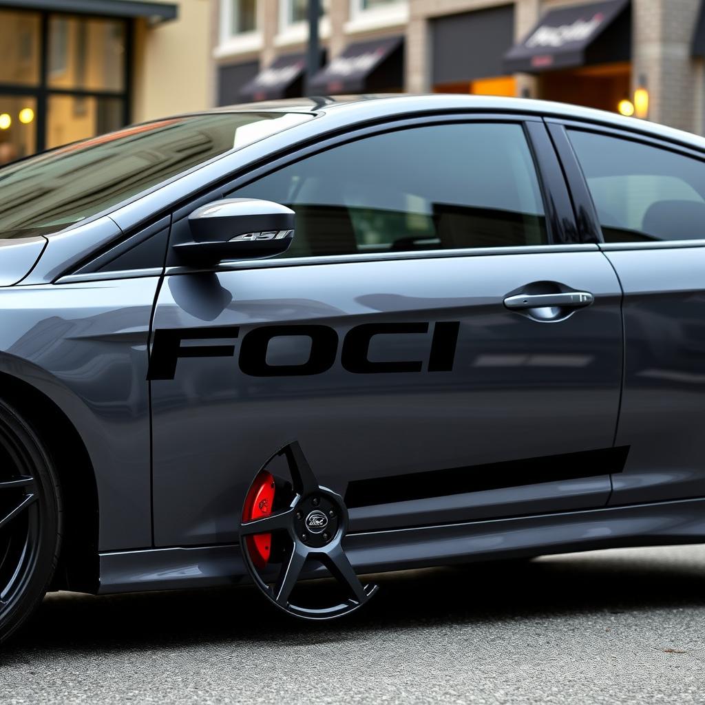 A gray Ford Focus sedan, featuring sporty black rims and eye-catching red calipers