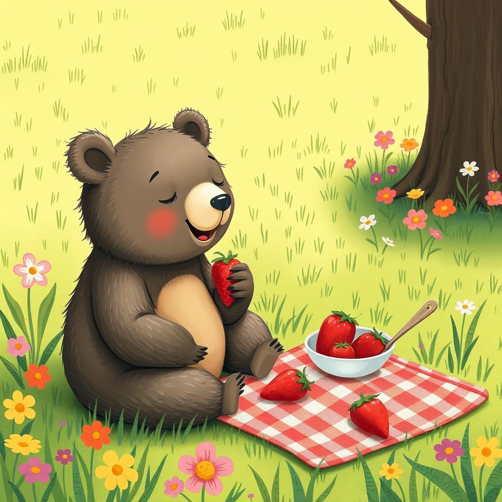 A small bear enjoying a picnic on the grass, eating a strawberry, illustrated in the style of Jon Klassen