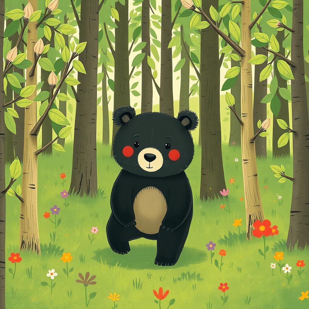 A small bear walking through a lush, green forest with many budding trees, illustrated in the style of Jon Klassen