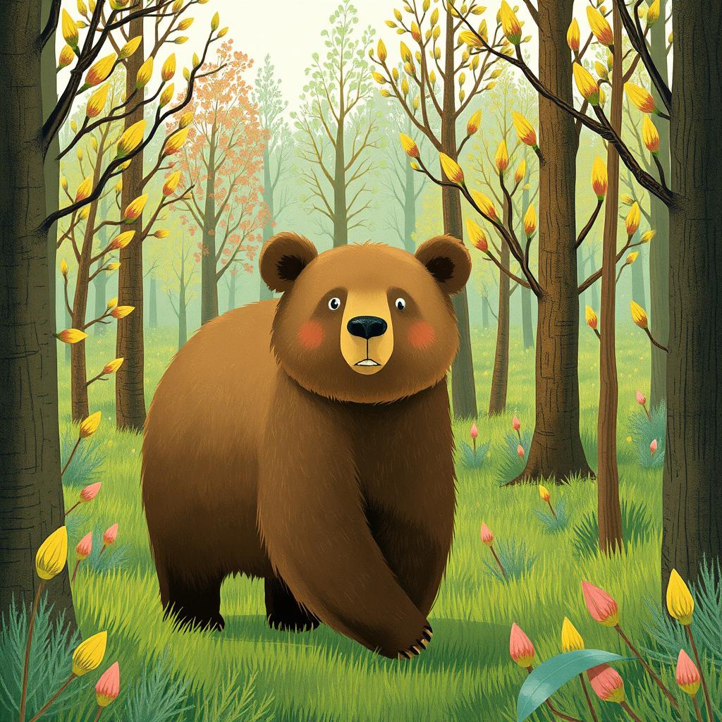 A brown bear walking through a lush, verdant forest with many trees sprouting new leaves, illustrated in the style of Jon Klassen