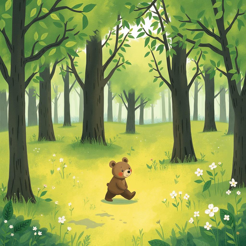 A cute small bear walking through a lush, green forest where many trees are sprouting new leaves, illustrated in the style of Jon Klassen