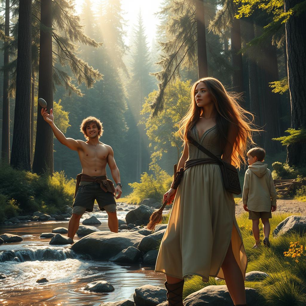 A vivid scene by a serene stream in a lush forest, Taron, a young man with tousled hair and an adventurous spirit, is practicing hurling stones at distant trees, grinning with excitement