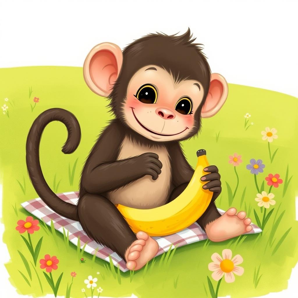 An adorable little monkey having a picnic on the grass, enjoying a banana, illustrated in the style of Jon Klassen