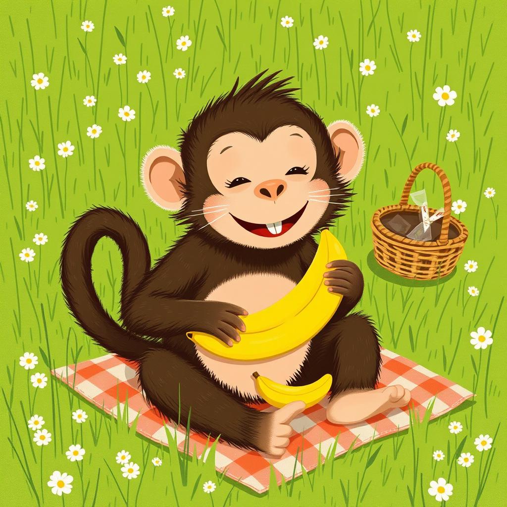 A little monkey having a picnic on the grass, enjoying a banana, illustrated in the style of Jon Klassen