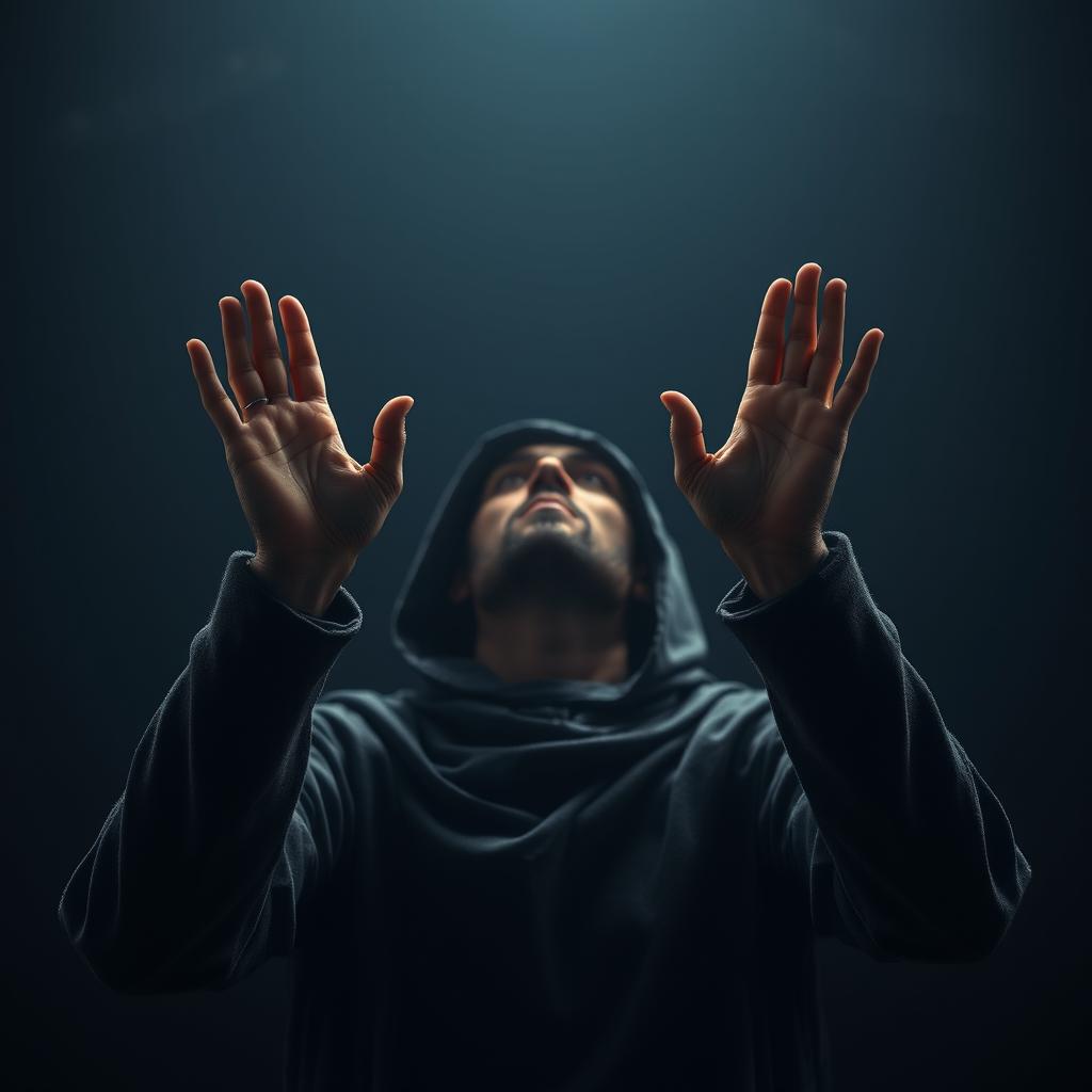A man wearing a dark cloak, with his face completely obscured by shadows, raising his hands upward towards the sky in a dramatic pose of prayer