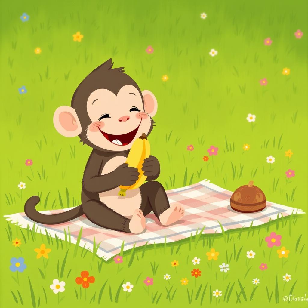 A cute little monkey having a picnic on the grass, enjoying a banana, illustrated in the style of Jon Klassen