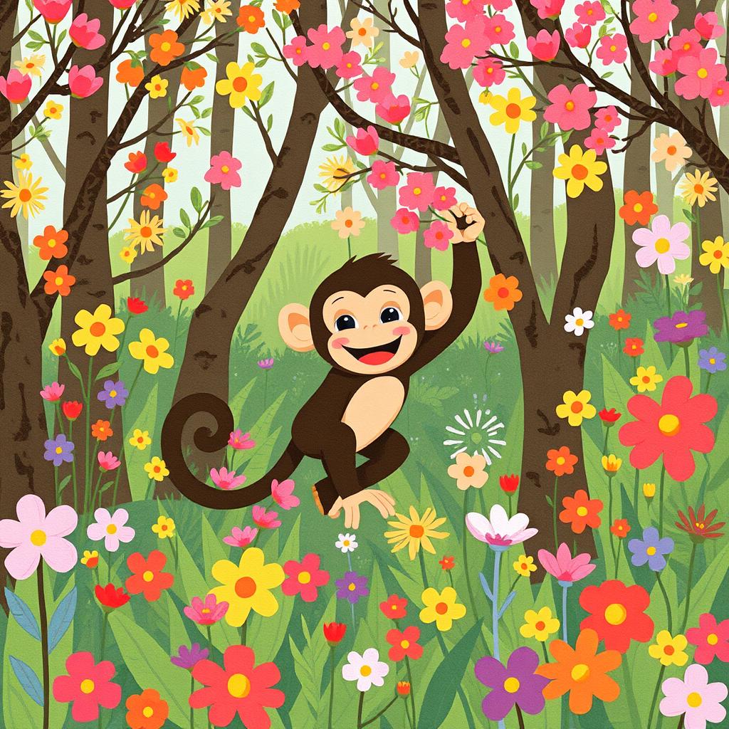 In spring, a cute little monkey is climbing in a vibrant and colorful forest, illustrated in the style of Jon Klassen