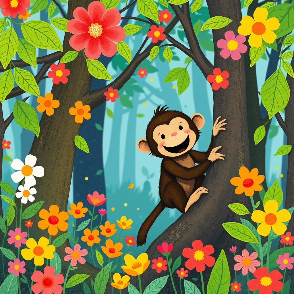 In spring, a cute little monkey is climbing in a vibrant and colorful forest, illustrated in the style of Jon Klassen