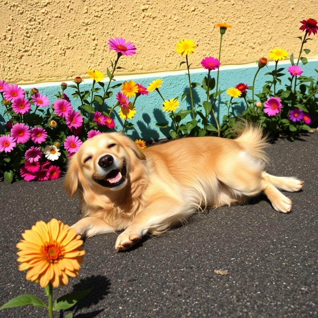 A charming scene featuring a dog lying playfully on the asphalt, surrounded by a textured wall and colorful flowers nearby