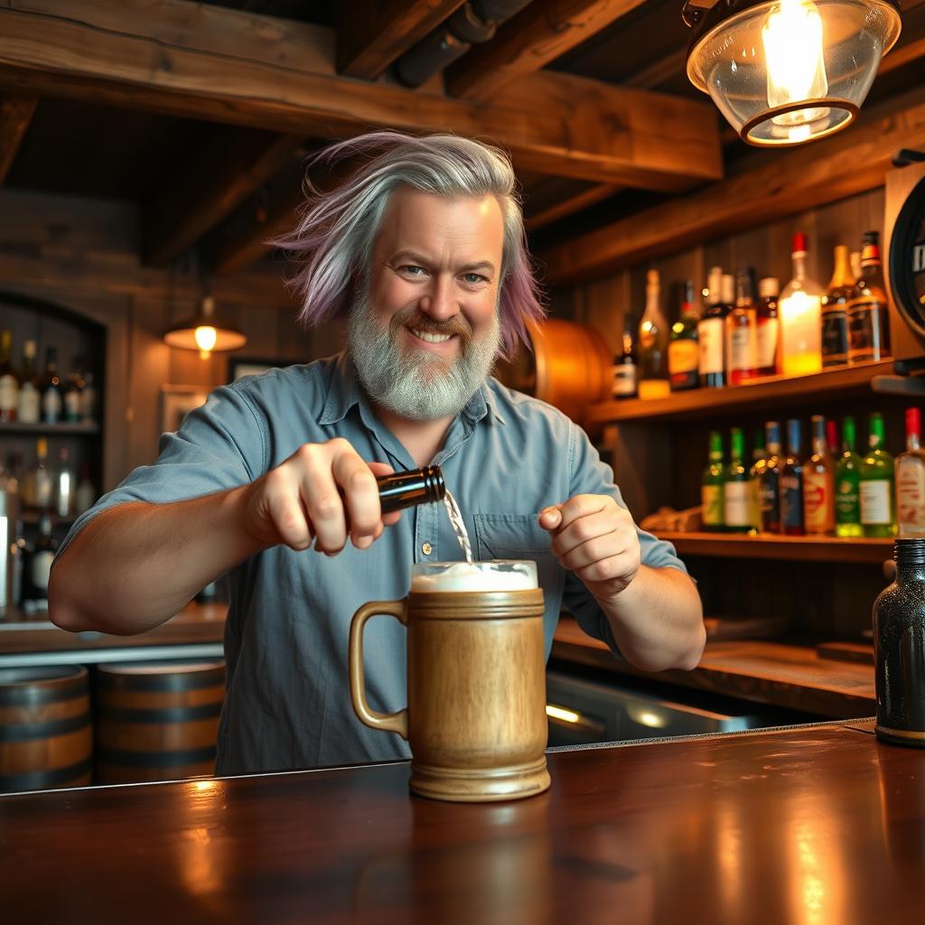 A middle-aged man with flowing lilac hair and a short beard is expertly pouring a sparkling drink into a rustic mug behind a charming bar