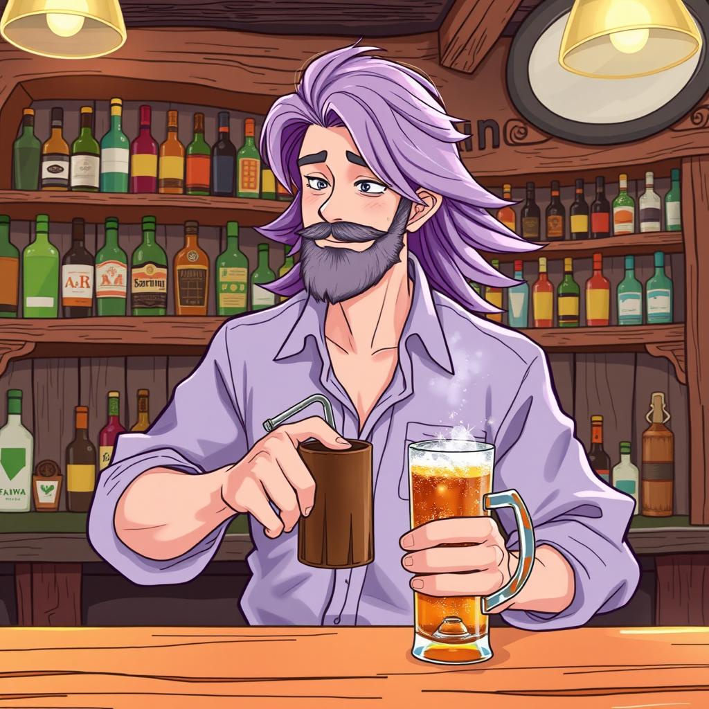 A man in his late thirties with flowing lilac hair and a short beard is standing behind a bar, pouring a sparkling drink into a rustic mug