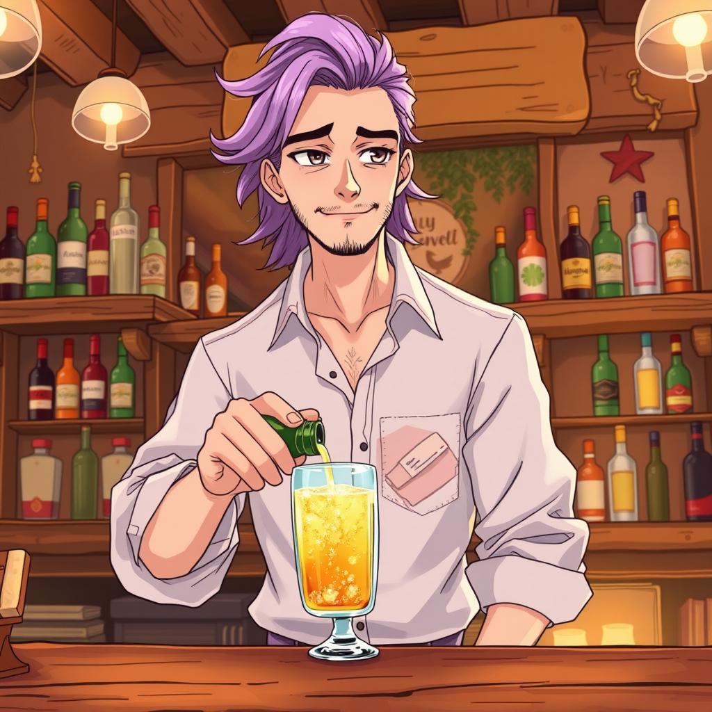 A man in his late thirties with flowing lilac hair and slight stubble stands behind a rustic bar, pouring a sparkling drink into a mug