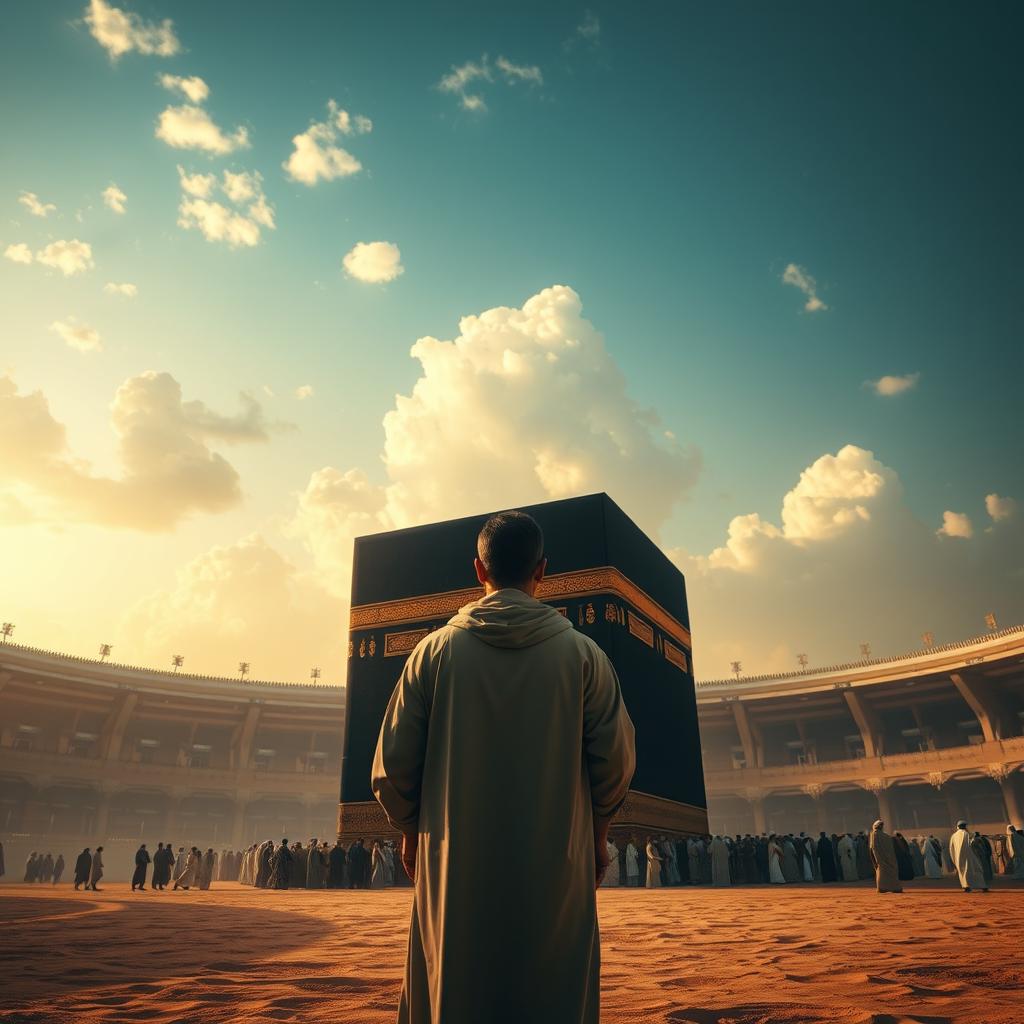A dramatic scene depicting Prophet Ibrahim standing alone in front of the Kaaba, set hundreds of years before the birth of Christ