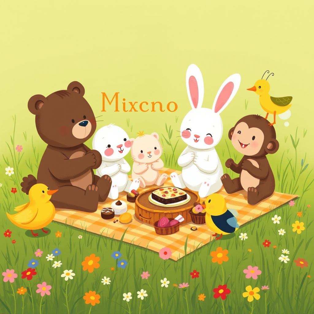 A cute little bear, an adorable white rabbit, a playful little monkey, a charming little yellow duck, and a buzzing bee having a picnic on the grass, illustrated in the style of Jon Klassen