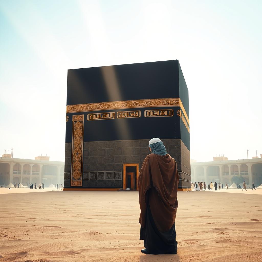 A serene scene depicting Prophet Ibrahim standing alone in front of the Kaaba, set hundreds of years before the birth of Christ