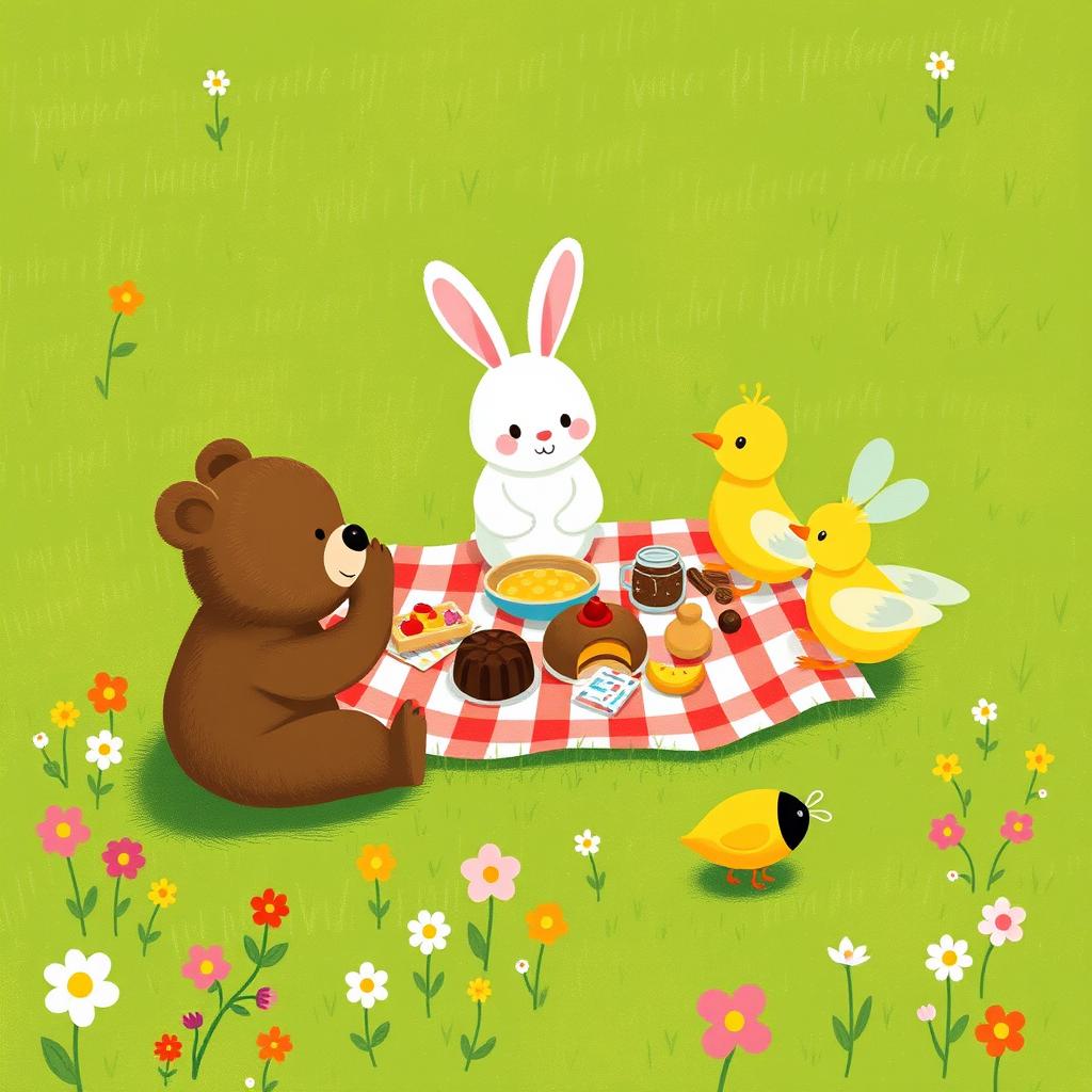 A cute little bear, an adorable white rabbit, a playful little monkey, a charming little yellow duck, and a buzzing bee are all having a picnic on the grass, illustrated in the style of Jon Klassen