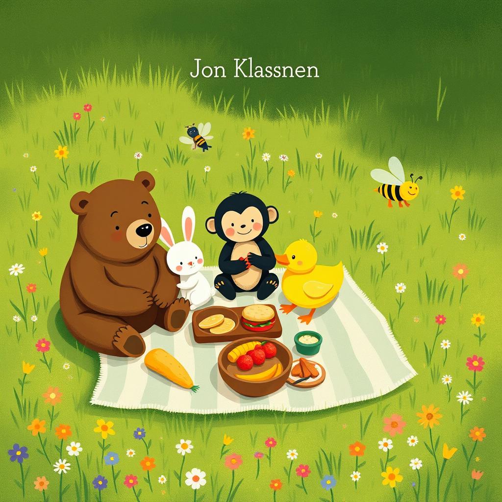 A bear, a white rabbit, a monkey, a yellow duck, and a bee are all having a picnic on the grass, illustrated in the style of Jon Klassen
