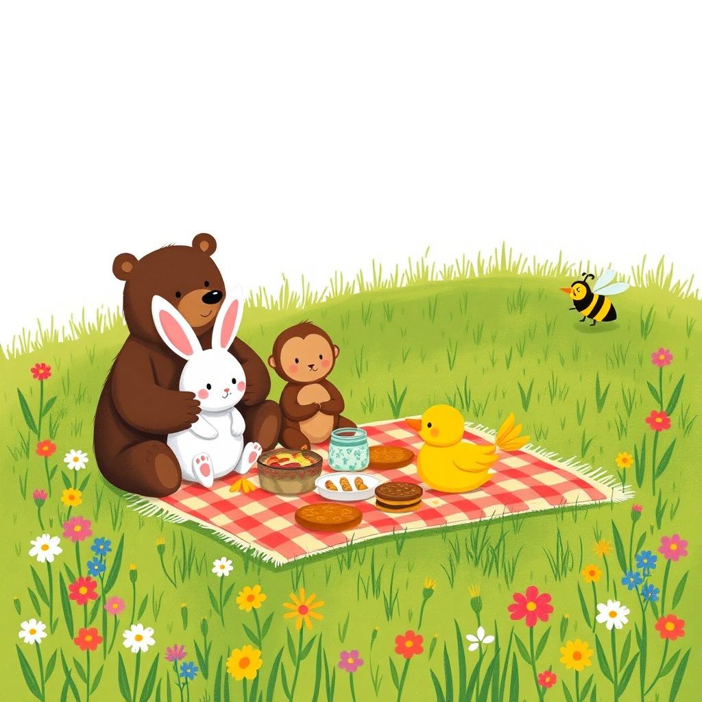 A bear, a white rabbit, a brown little monkey, a yellow duck, and a bee are all having a picnic on the grass, illustrated in the style of Jon Klassen
