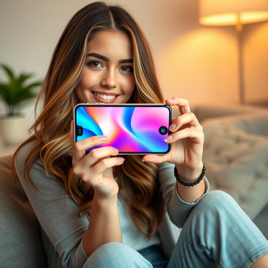 A beautiful young woman sitting casually, holding a smartphone with the screen facing the camera, showcasing a vibrant wallpaper
