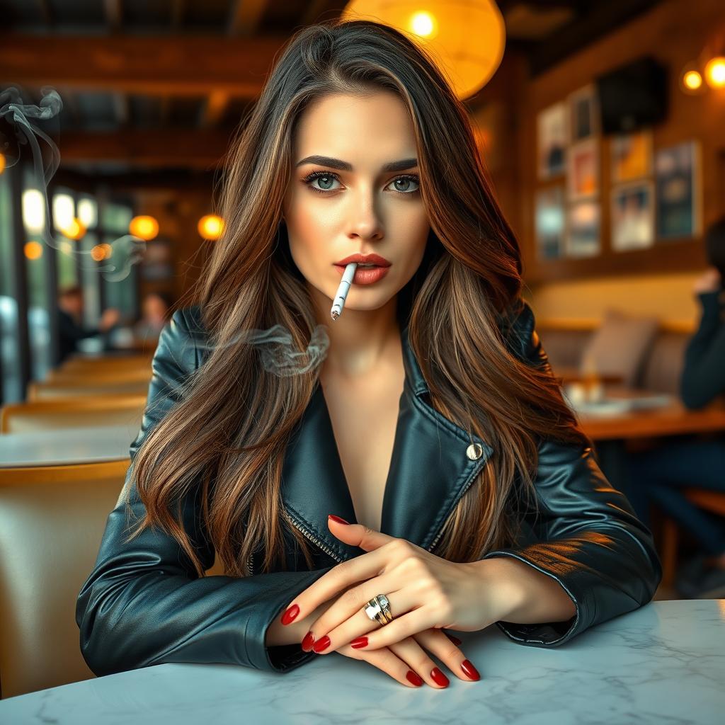 A glamorous young woman with long flowing hair, sitting at a cafe table, casually smoking a cigarette