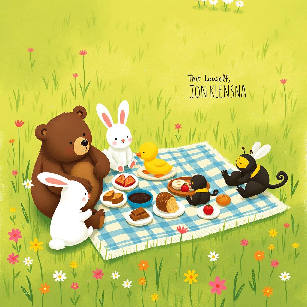 A bear, a white rabbit, a brown little monkey, a yellow duck, and a bee are all enjoying a picnic on a grassy field, illustrated in the whimsical style of Jon Klassen
