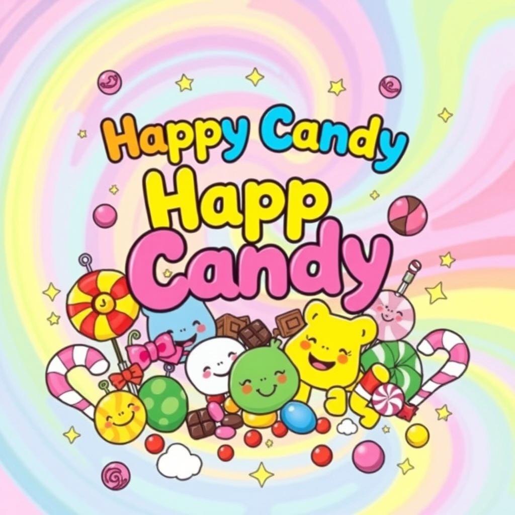 A vibrant and whimsical book cover design for a children's coloring book titled 'Happy Candy'