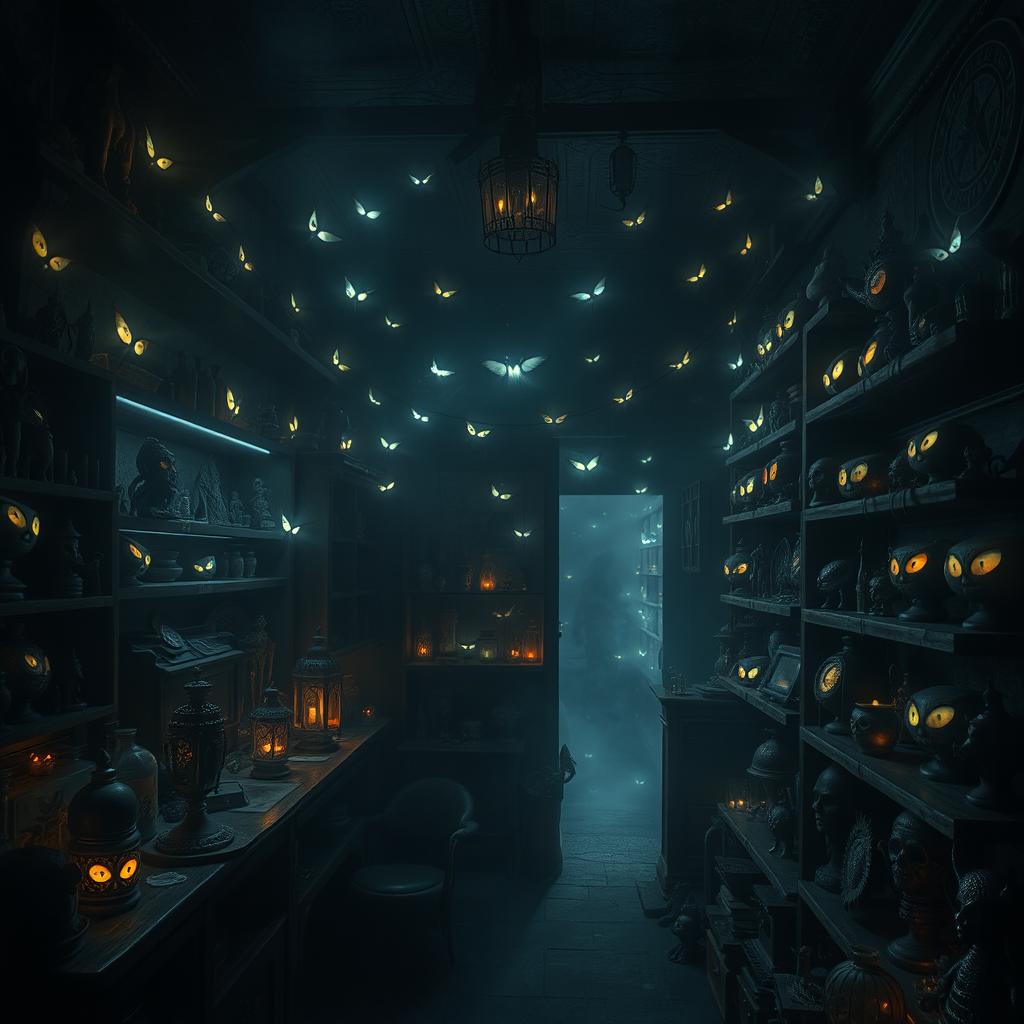 A dark, mysterious shop filled with glowing eyes peering out from the shadows