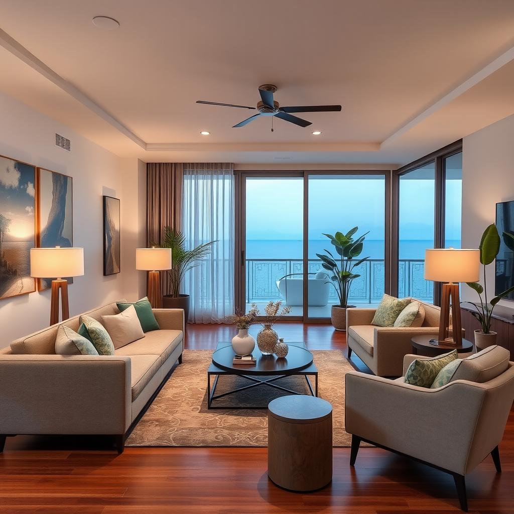 A beautifully furnished and decorated living room in a new apartment in Cartagena de Indias, designed for a couple seeking enjoyment and tranquility