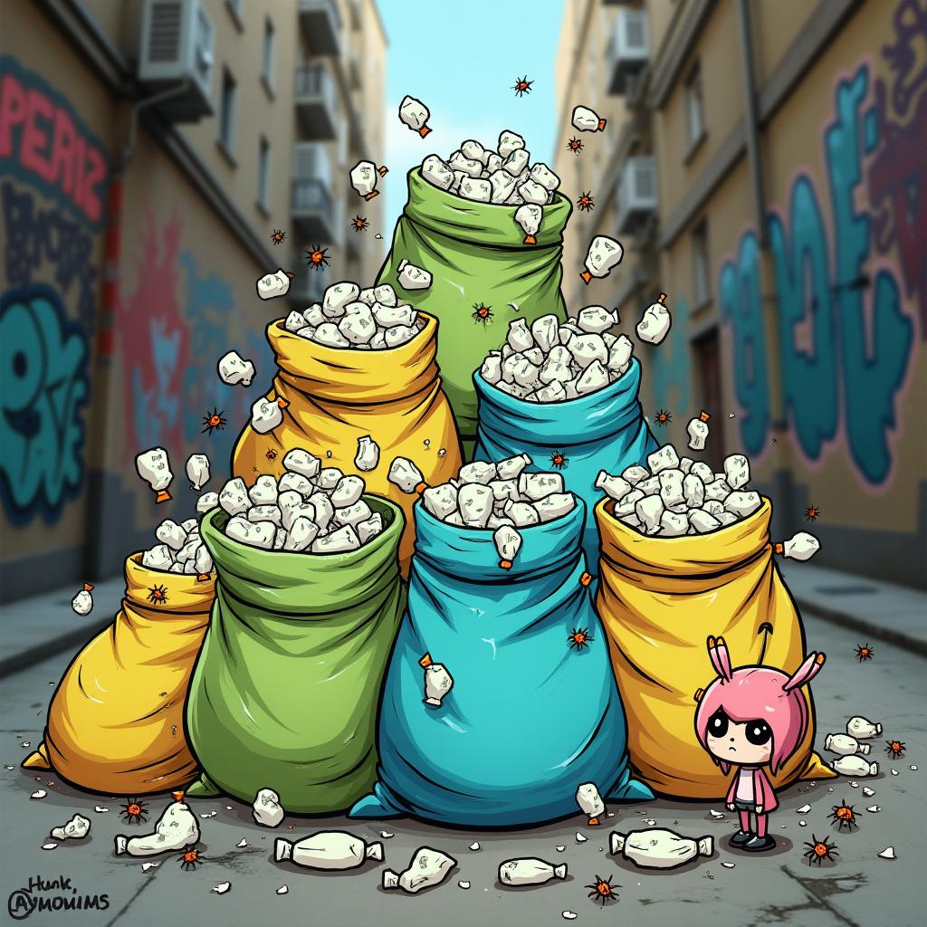 A surreal scene depicting a variety of bags filled with used diapers, overflowing and creating a grotesque yet visually striking display