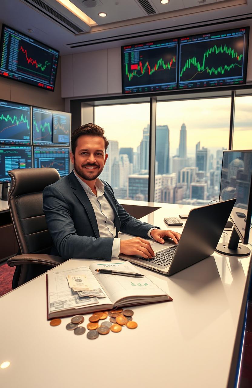 A professional trader sitting confidently at a sleek modern trading desk, showcasing multiple high-tech monitors displaying stock market charts and financial data