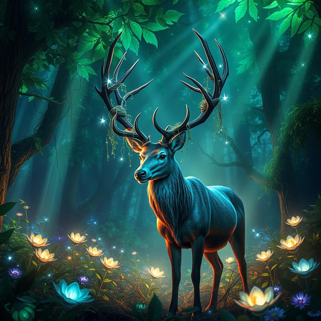 A mystical scene in a lush forest, illuminated by ethereal green and blue lights, with surreal foliage and glowing flowers
