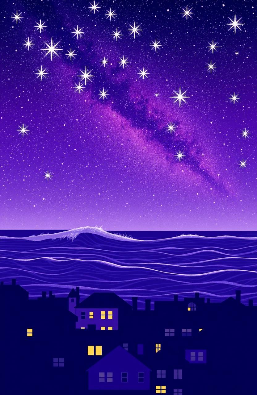 A stunning purple book cover design featuring a vibrant celestial scene with shiny galaxy stars scattered across the night sky