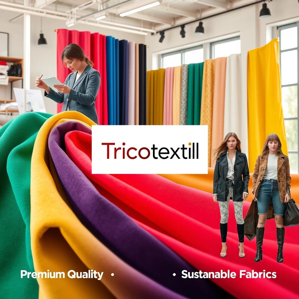 A vibrant and engaging advertisement for a textile brand named Tricotextil, showcasing a collection of stylish, modern fabrics in various colors and textures