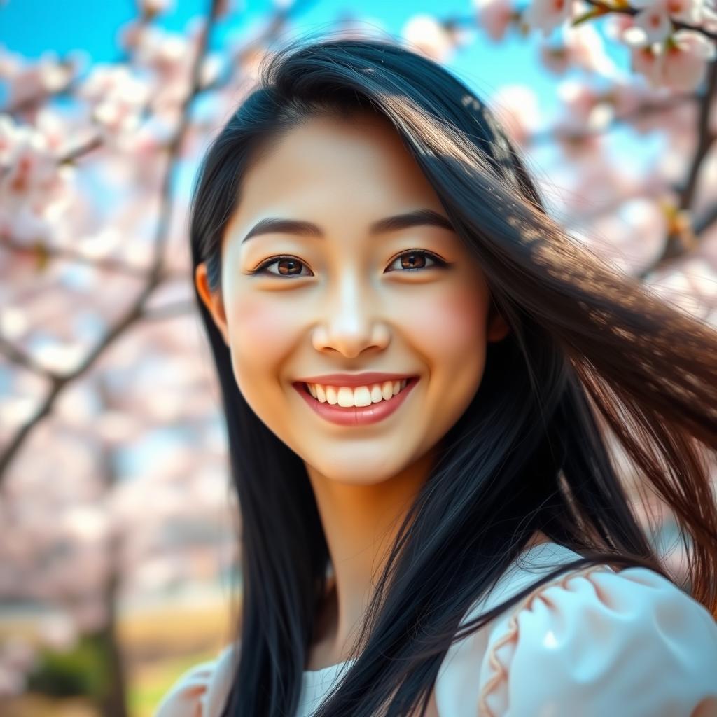 A stunning portrait of a beautiful Asian girl with long, flowing black hair, bright brown eyes sparkling with joy, and a radiant smile showcasing her dazzling white teeth