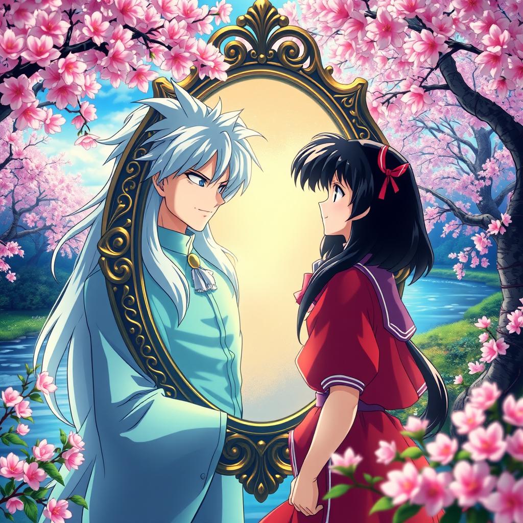 A captivating scene featuring Sesshomaru, the elegant half-demon from Inuyasha, and Kagome, a determined and adventurous schoolgirl, both looking into a mystical, ornate mirror