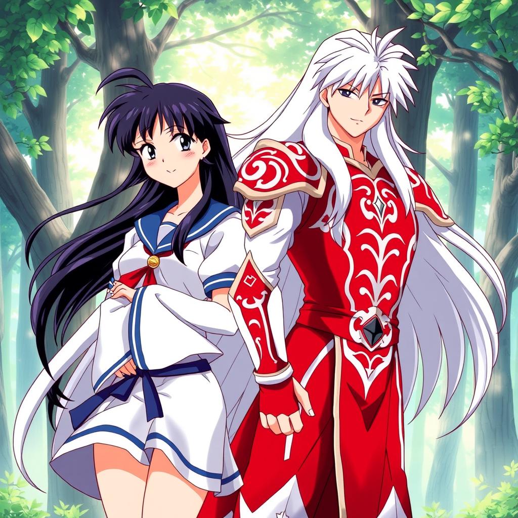 An engaging and dynamic illustration featuring Sesshomaru and Kagome from Inuyasha, both portrayed in their classic anime styles